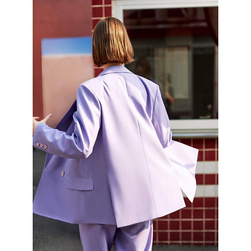 EAM Loose Fit Brief Purple Double Breasted Jacket Lapel Long Sleeve Women Coat Fashion Spring Autumn 1H090 201026