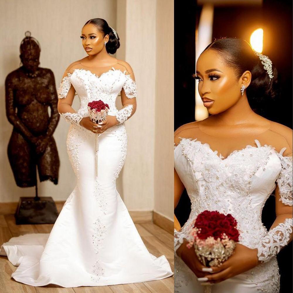 Mermaid Elegant Long Sleeves Dresses Lace Applique Beaded Satin Sweep Train Custom Made Wedding Bridal Gown Vestido De Novia