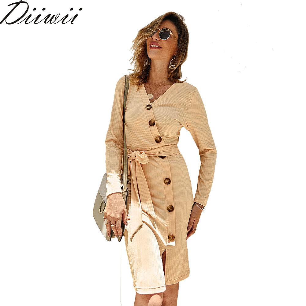 Diiwii V Neck Singlebreasted Slim Ladies Office Autumn Winter Solid Sashes Knitted Dress Women Cotton Full Sleeve Casual 201125