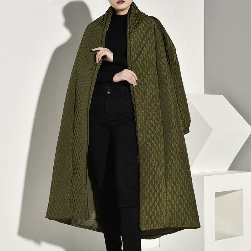 LANMREM PLaided Cotton-padded Green Color Coat Long Sleeve Loose Fit Women Parkas Fashion Autumn Winter 201127