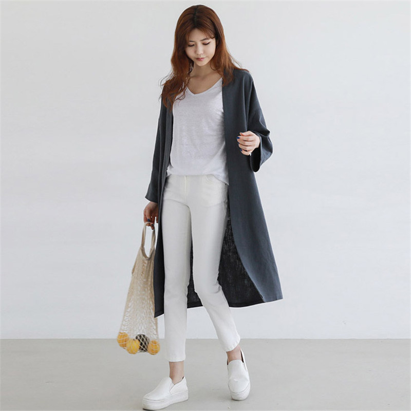 Johnature Summer New Solid Color Linen Long Sunscreen Cardigan Trench Casual All Match Loose Full Sleeve Women Coats 201102