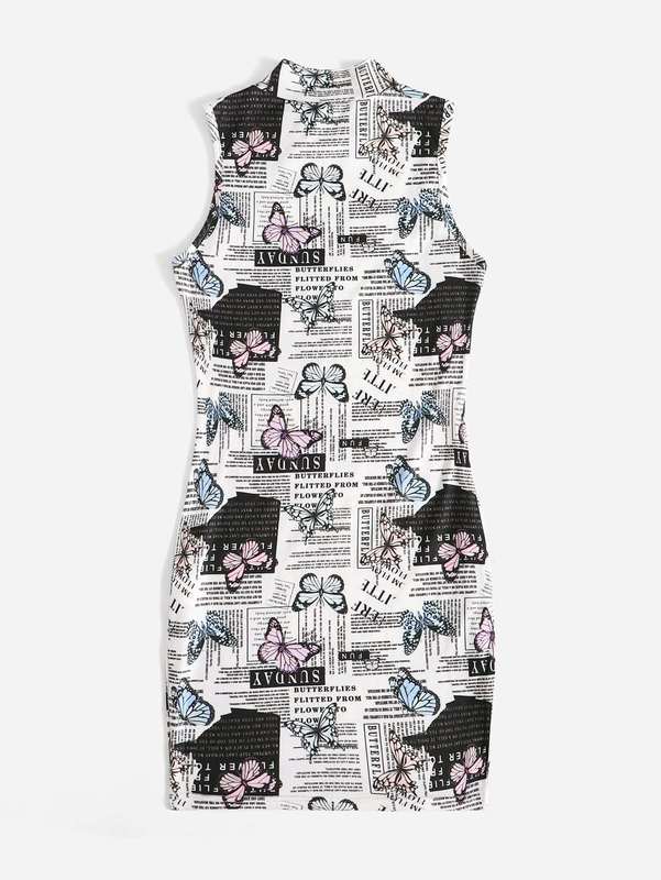Girls Mock Neck Butterfly & Slogan Graphic Dress SHE