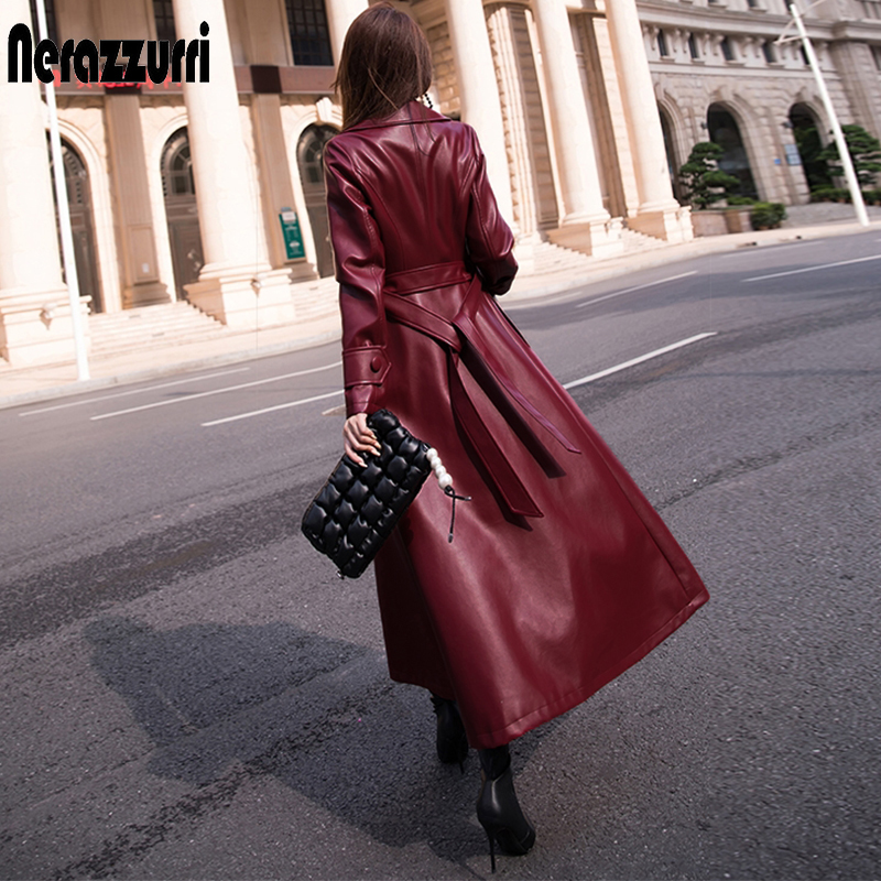 Nerazzurri Extra long leather trench coat for women Fit and flare plus size faux leather coats 5xl 6xl Womens fall fashion 201226