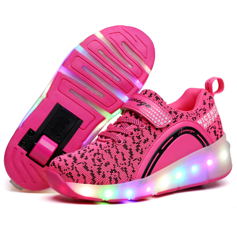 Kids Glowing Sneakers Sneakers with wheels Led Light up Roller Skates Sport Luminous Lighted Shoes for Kids Boys Pink