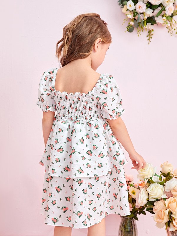 Toddler Girls Floral Shirred Puff Sleeve Layered Hem Dress SHE