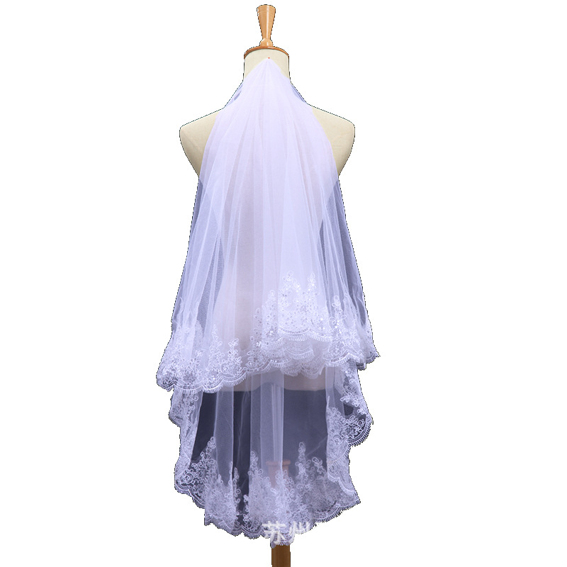 Simple White Ivory Wedding Veils One Layer Sequins Lace Appliques Short Wedding Prom Bridal Shawl Wraps Accessories with Comb