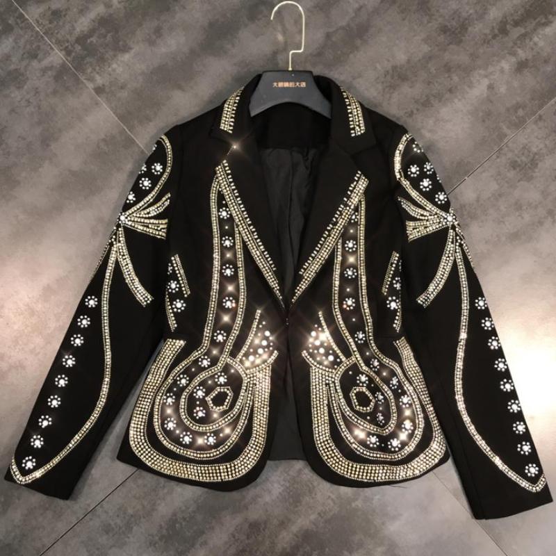 2020 autumn new fashion metal rivets blazer women hot drilling notched collar small suit, Black 
2020 autumn new fashion metal rivets blazer women hot drilling notched collar small suit, Black
