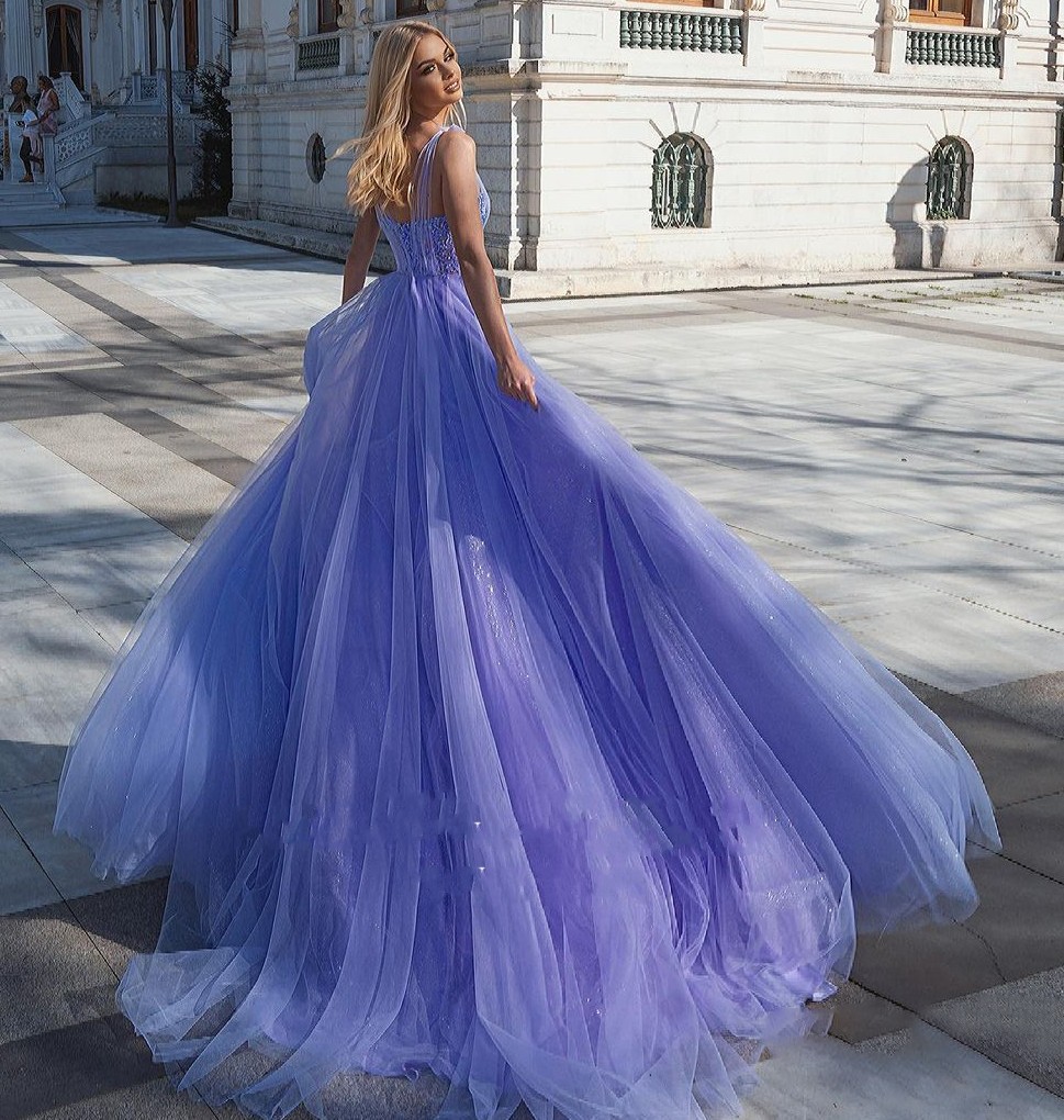 Lavender Sparkling Tulle Prom Dresses Spaghetti Straps Appliqued A-Line Evening Party Gowns Open Back Formal Vestidos Longo Robe De Soiree 2022