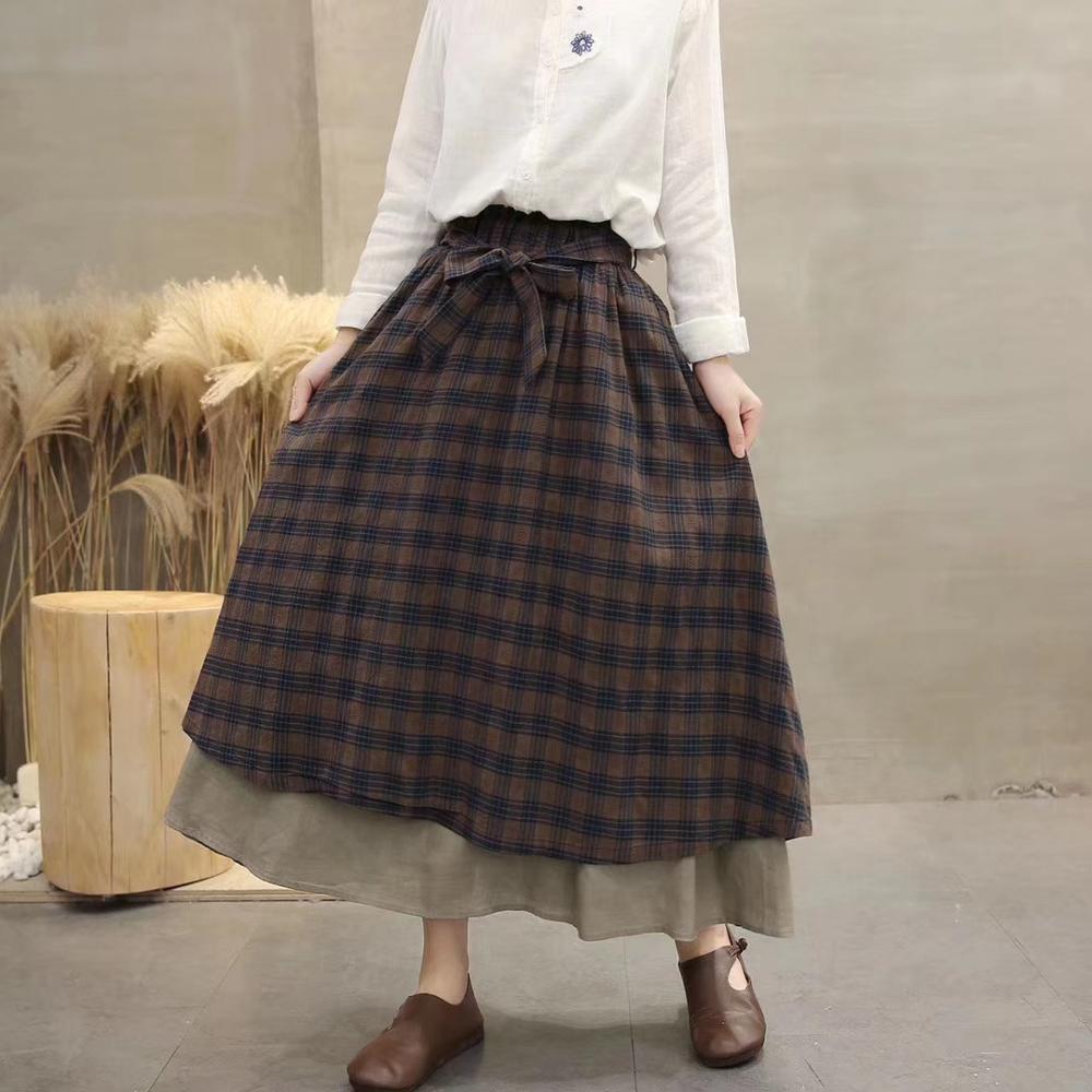 Vintage England plaid Elastic waist ALine bow belt layers skirt mori girl June new arrival 201110