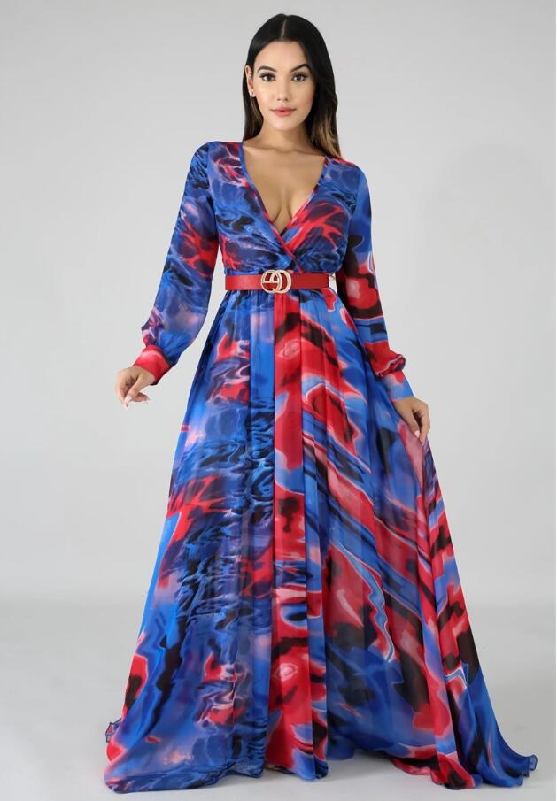 European and American women's v-neck belt large skirt print long sleeve dress, Black;gray