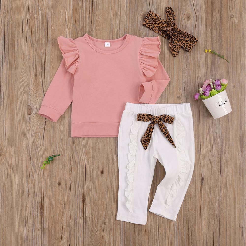 ZWF417 Autumn Toddler Kid Baby Girl Clothes Set Ruffles Long Sleeve Top Bow Pants Outfits Leopard Children Girl ClothingX1019