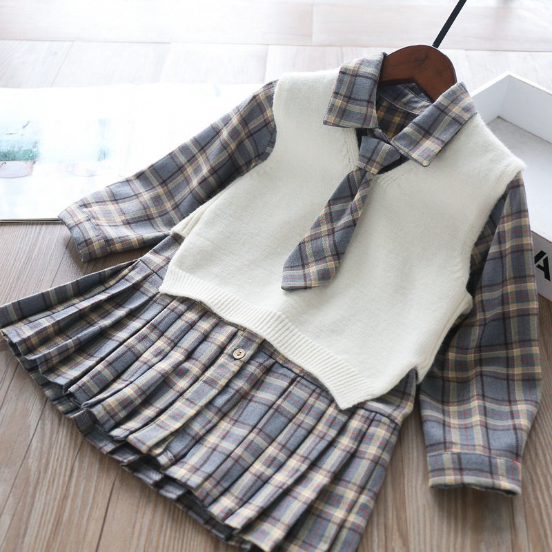 Girl's Two - Piece Tie Knit Two-color Tank Top Check Skirt Set Kids Clothes Girls Girls Boutique Outfits girls outfitsX1019