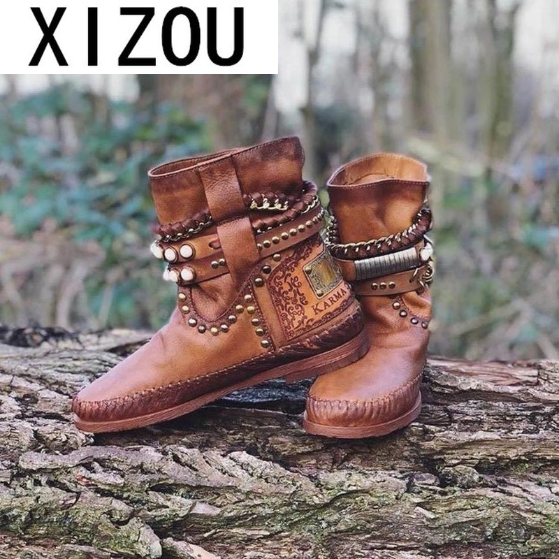 

Fashion Women Ankle Boots Low Heels Boots Vintage PU Leather Gladiator Booties Rivets Buckle Deco Woman Casual Botas Mujer, Gray