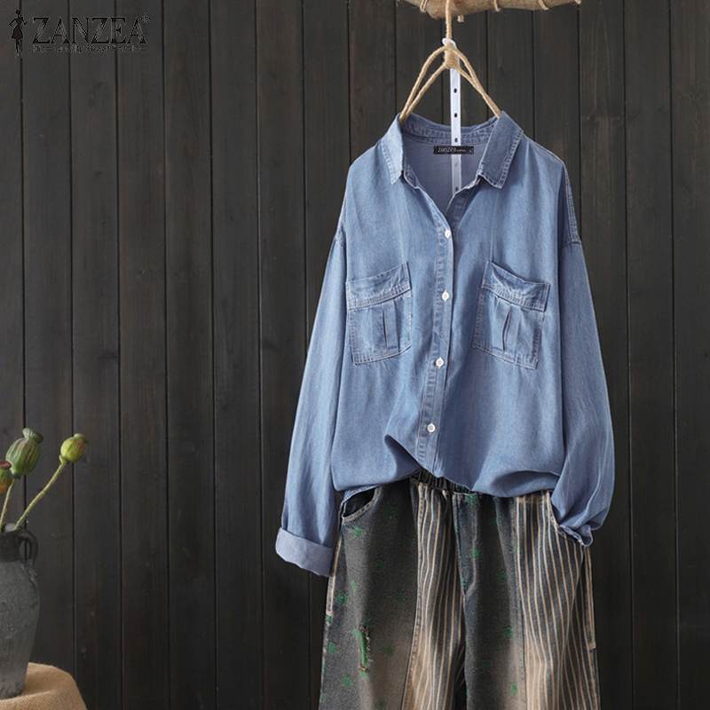 Women Tops and Blouses Ladies Office Work Shirts Casual Loose Long Sleeve Denim Blue Tops Lapel Tunic Blusas Plus Size T200321