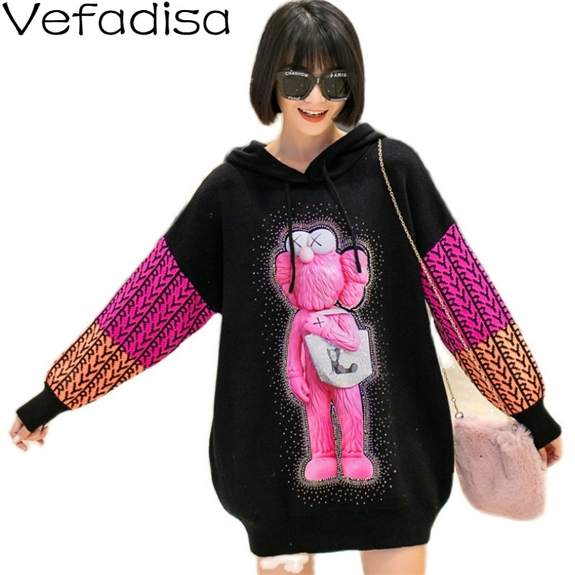 Vefadisa Diamond Cartoon Print Women Sweater Autumn Winter Thick Plus Size Patchwork Coat Hooded Pullover Knitted QYF4318 201223