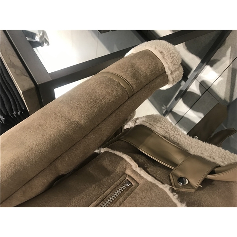 New Women Suede Leather Jackets Female Faux Shearling Sheepskin Coats Autumn Winter Lambs Wool Short Motorcycle Coats Belt 201020