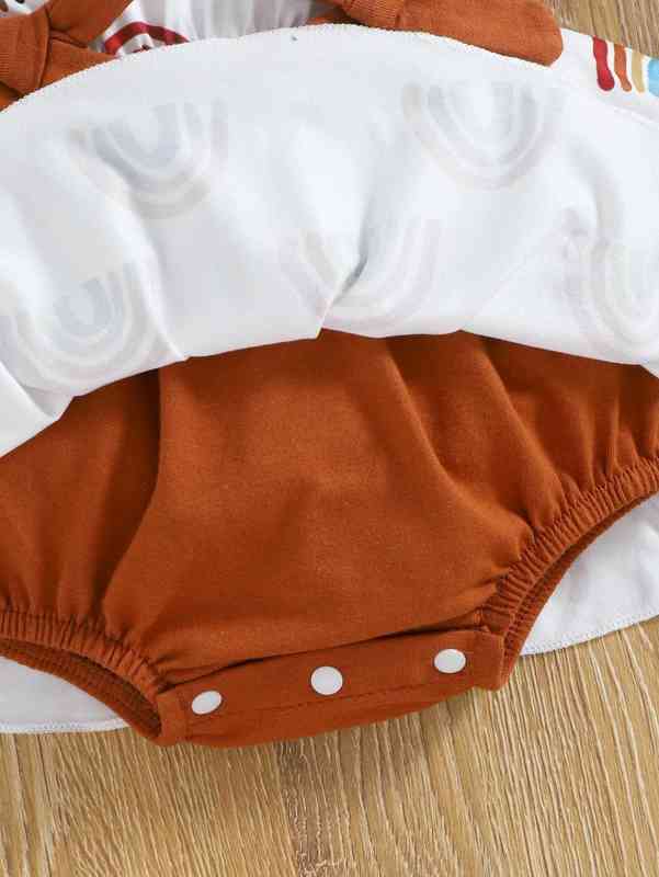 Baby Rainbow Print Ruffle Sleeve Bow Front Combo Bodysuit Dress SHE