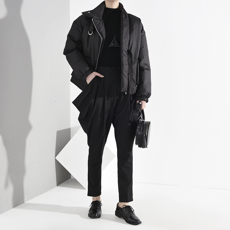 EAM Black Pocket Big Size Short Cottonpadded Coat Long Sleeve Loose Fit Women Parkas Fashion Spring Autumn A819 201017