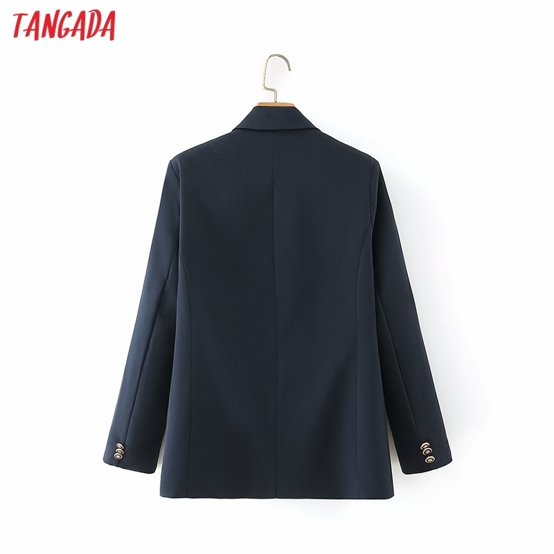 Tangada Women Fashion Fit Navy Blazer Coat Vintage Double Breasted Long Sleeve Female Outerwear Chic Tops DA170 201114