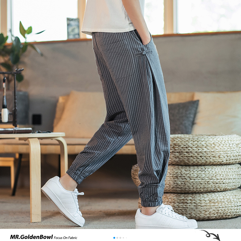 Sinicism Store Black White Striped Men Harem Pants New Fashion Man Casual Loose Pants Cotton Linen Male Trousers 5XL 201027
