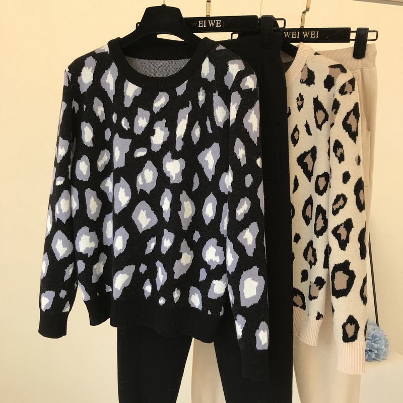 Amolapha Women Knit Leopard Pullover Sweaters+Pants Sets Woman Fashion Jumpers Trousers 2 PCS Costumes Outfit 201007