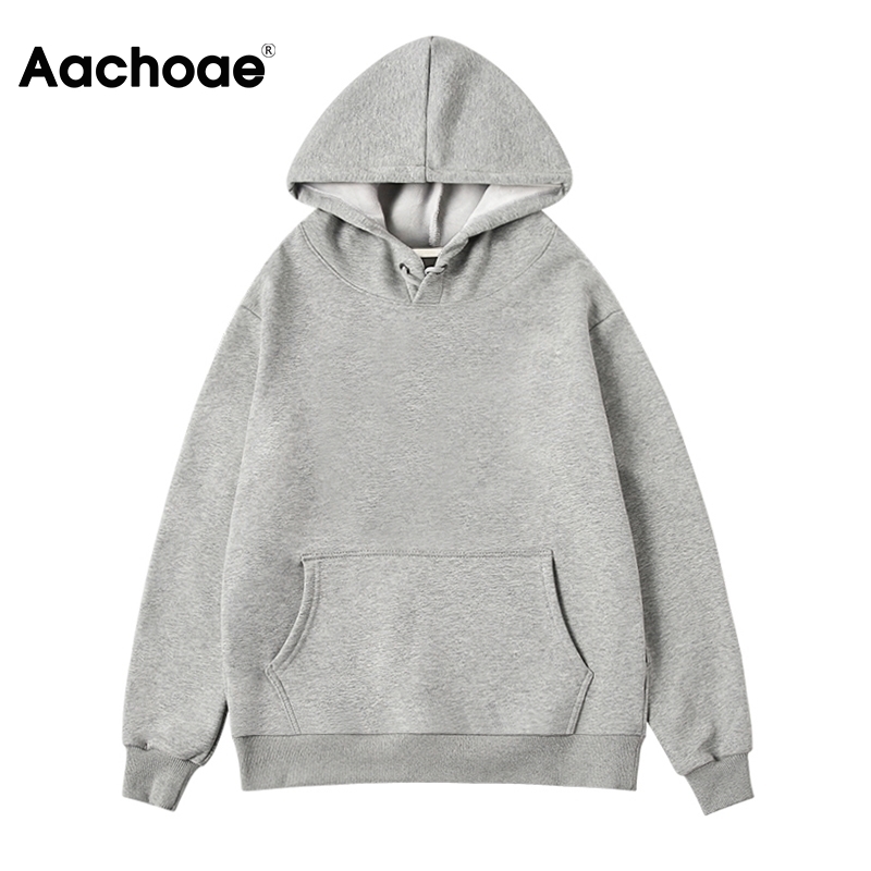 Aachoae Fleece Hooded Sweatshirt Women Autumn Winter Long Sleeve Casual Hoodies Solid Color Pocket Jacket Ladies Pullovers 201202