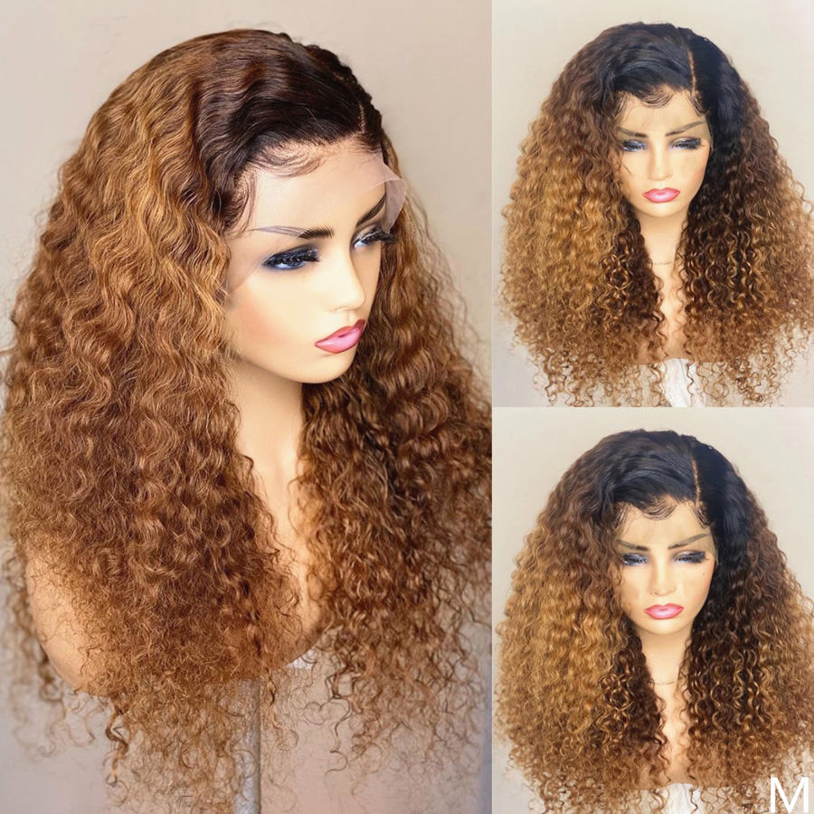 

Peruvian Kinky Curly Ombre Blonde Full Lace Human Hair Wig with Baby Hair 360 Lace Frontal Wigs for Women Natural Hairline 13x4 front, As picture color