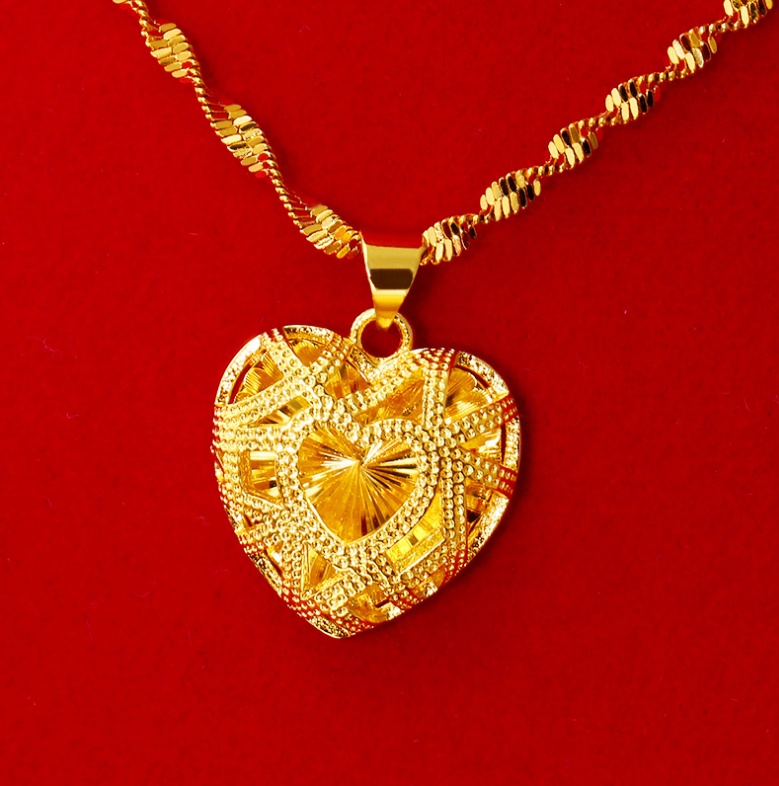 Classical Women Jewelry Real 18 K Gold&heart Design Pendant Necklace 16-30 Inch Water Wave Chain