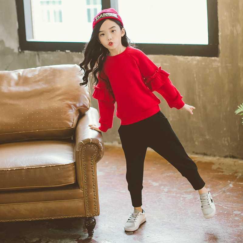 2020 New Cute Fashion Girls Red Sports Suit Set 2pcs Autumn Long Sleeves Size for 4 6 8 10 11 12 13 Years old Kids Clothing SetX1019