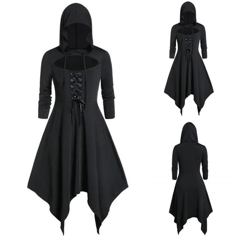 Women Dress Solid Hooded Vintage Dress Ladies Fashion Punk Gothic Hooded Strappy Vintage Cloak vestidos mujer 2020, Black
Women Dress Solid Hooded Vintage Dress Ladies Fashion Punk Gothic Hooded Strappy Vintage Cloak vestidos mujer 2020, Black
