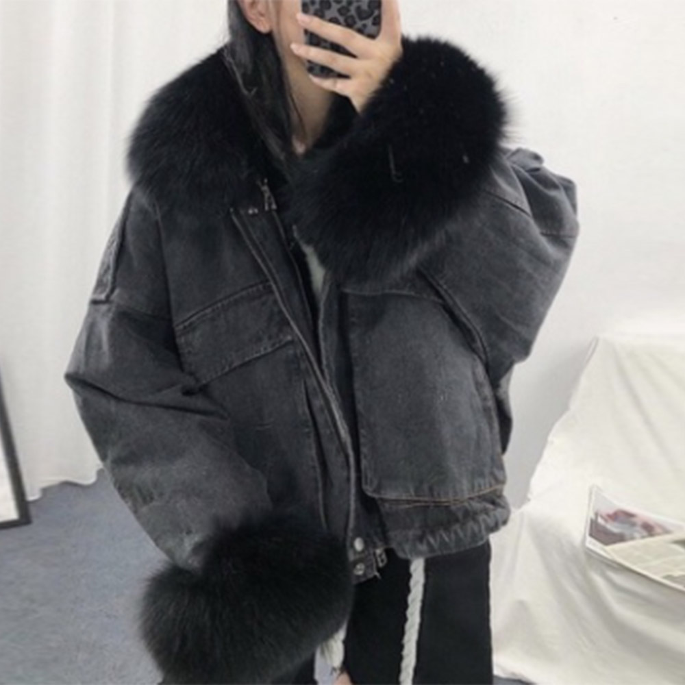 Thicken Winter Denim Jacket Casual Women Long Sleeve Short Coats Fur Collar Outerwear Loose Ins Style Streetwear Overcoat 201026