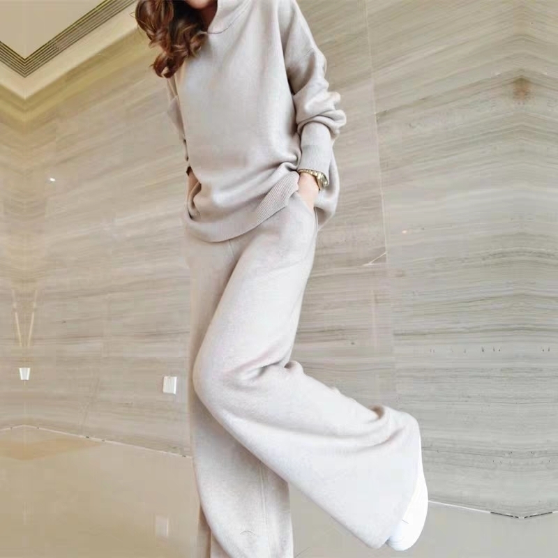 autumn winter Women Solid Color Hooded Pullover Knit Sweater + Casual Wide Leg Pants Fashion Two Piece Set 201120