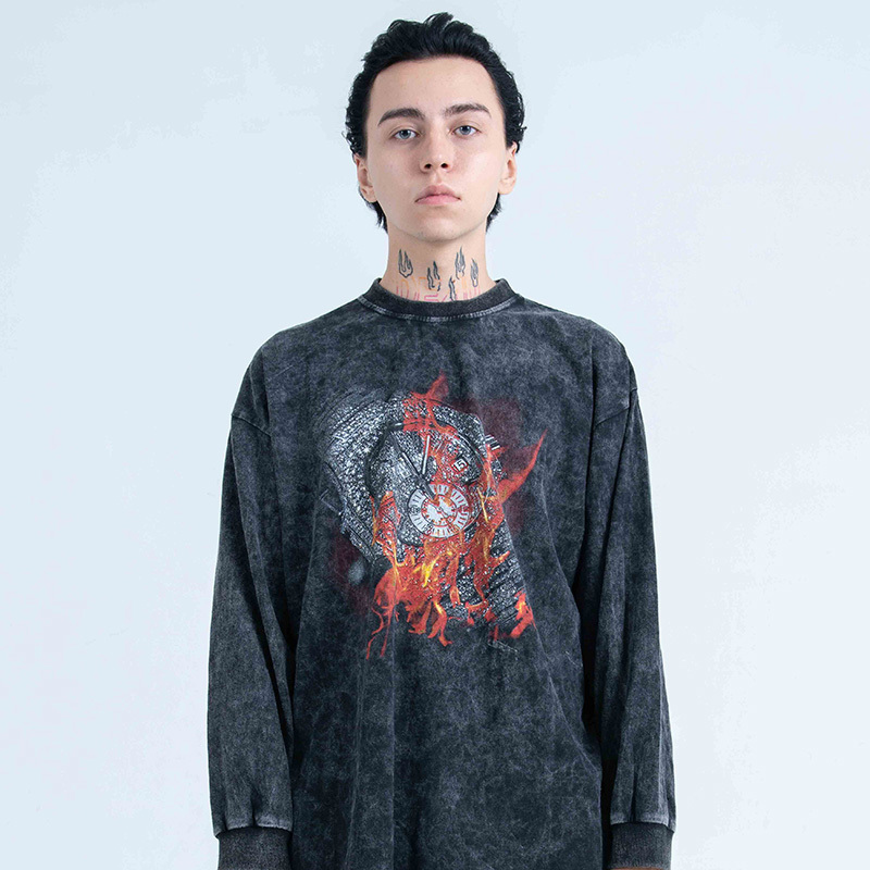 Hip Hop Mens Streetwear Washed T-shirt Cotton Burning Watch Fire Flame T-shirt Harajuku Autumn Long Sleeve Loose Tops Tees 201202