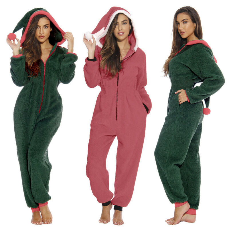 Women Fleece Jumpsuits Christmas Pajamas Santa Sleepwear Xmas Long Sleeve Zipper Hooded Rompers Fall Winter Warm Jumpsuits 201007