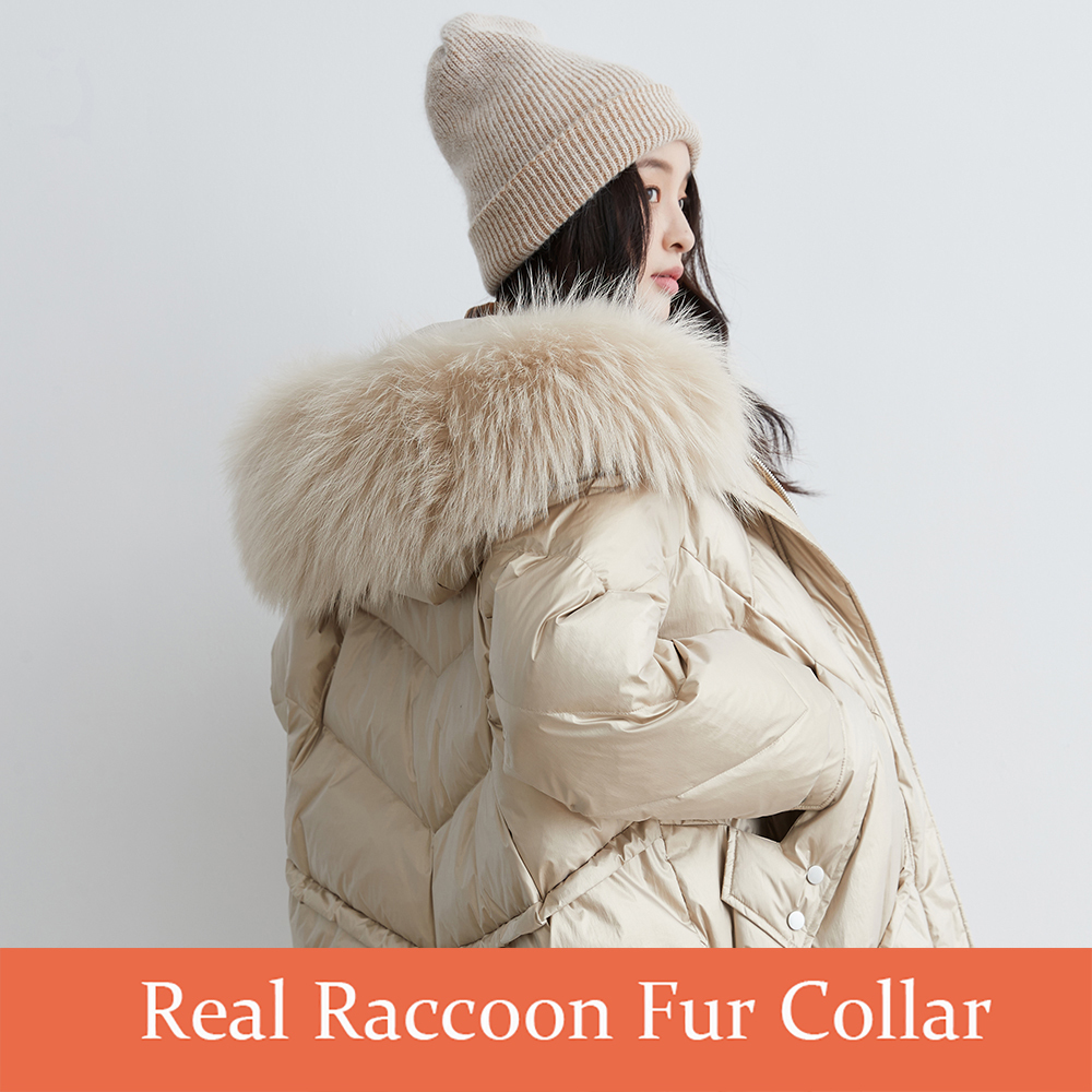 YAYA Winter Warm Big Pocket 90% White Duck Down Jacket with Irregular Hem Women Real Fur Collar Hooded Thicken Gold Black Coat 201019