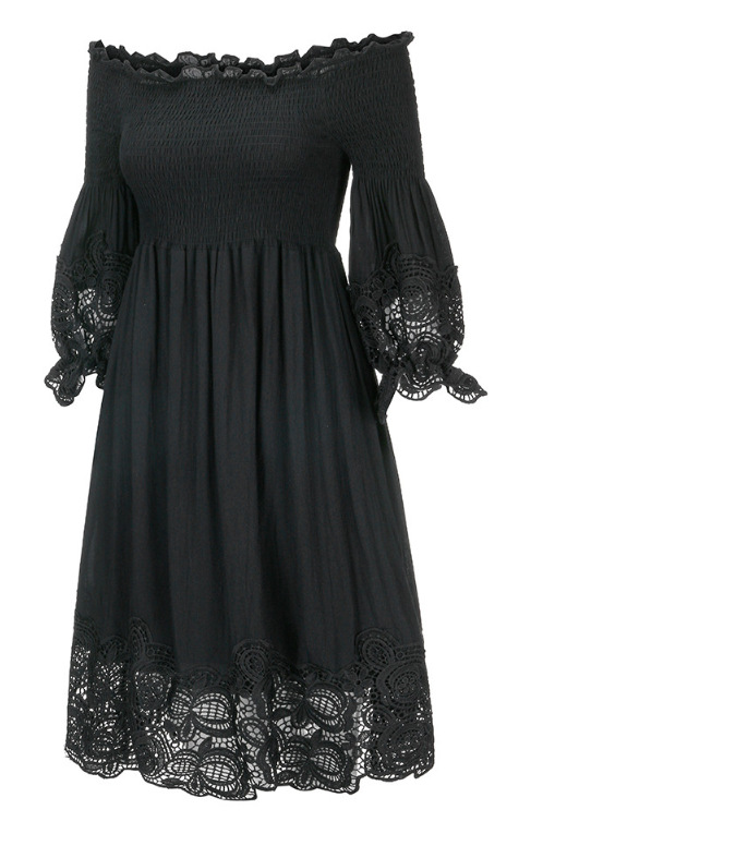 Little Black Short Prom Dress With Sleeves Lace Off The Shoulder Elastic Cotton Real Photos S M L XL XXL