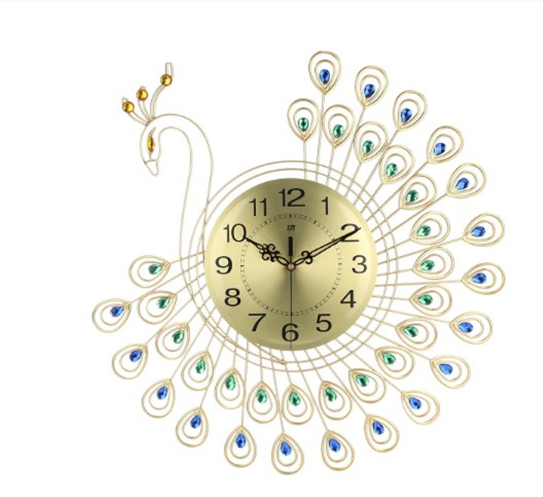 Large 3D Gold Diamond peacock Wall Clock Metal Watch for Home Living Room Decoration DIY Clocks 53x53cm