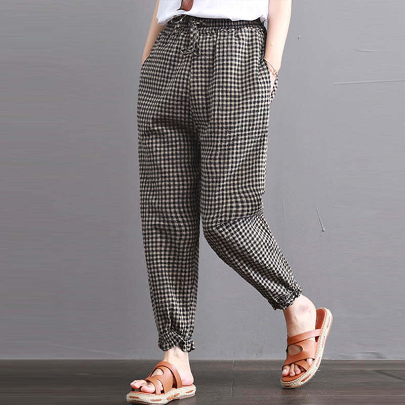 S-5XL 2019 Celima Women Plaid Check Elastic Waist Retro Cotton Linen Retro Turnip Harem Pants Pockets Loose Long Pencil Trousers T200319