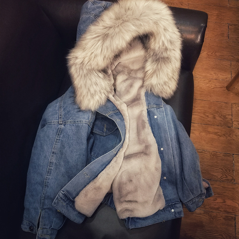 women jean jacket Winter Thick Jean Jacket Faux Fur Collar Fleece Hooded Denim Coat Female Warm Denim Outwea T200319