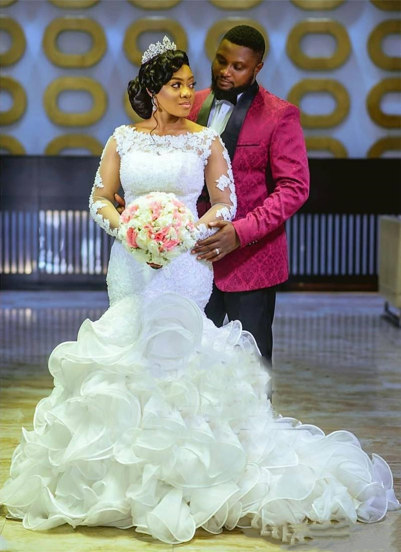 Gorgeous African Long Sleeve Mermaid Wedding Dresses 2022 Ruffles Court Train Trumpet Lace Appliques Wedding Gowns Back Lace-up Plus Size Robes de Mar