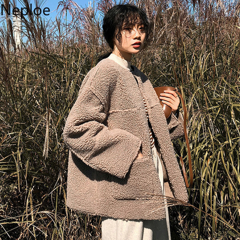 Neploe Wear on Both Sides Thicked Lamb Wool Coat Women Autumn Winter Korean Loose Patchwork Solid Jacket Simple 201029