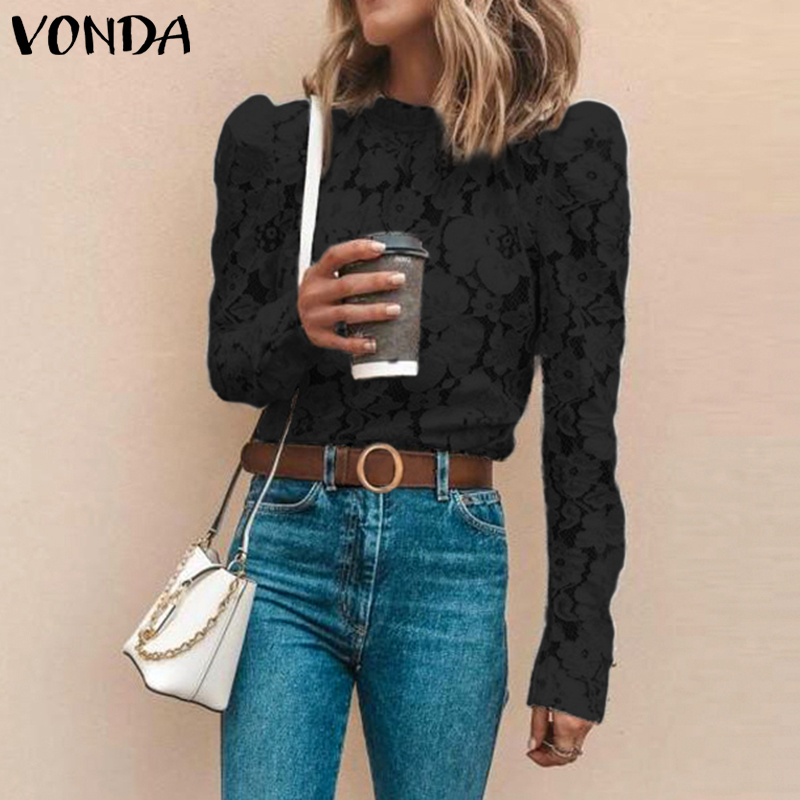 VONDA White Lace Blouse Women Shirt 2019 Spring Bohemian Sexy Long Sleeve O Neck Hollow Blouse OL Shirt Casual Tops Blusas S5XL T200321