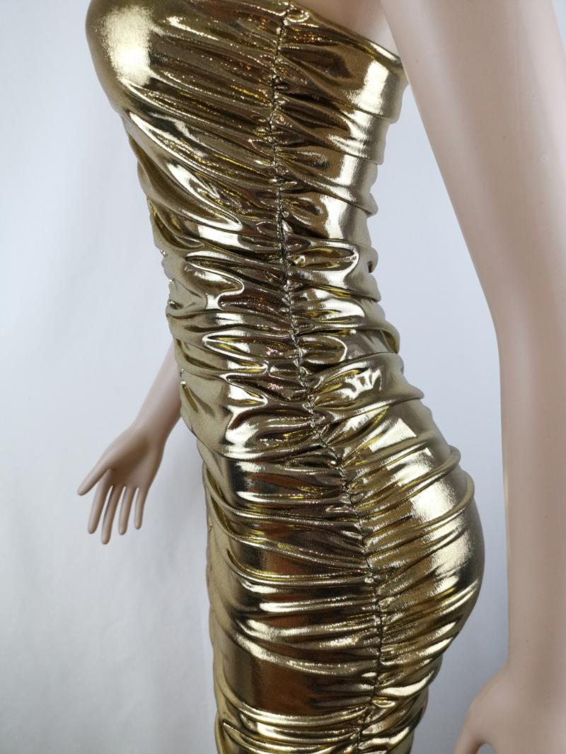 Women PU Leather Gold Ruched Bandeau Dress Shiny Off Shoulder Strapless Bodycon Bandage Dress Metallic Midi Party Club