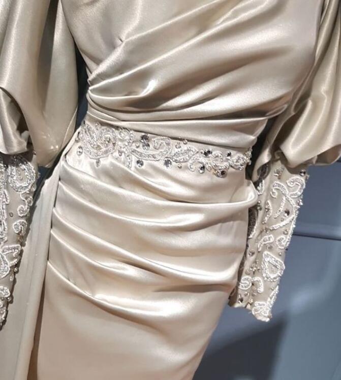 Aso Ebi 2020 Arabic Gold Lace Crystals Evening Dresses Long Sleeves Prom Dresses Sheath Formal Party Second Reception Gowns ZJ955