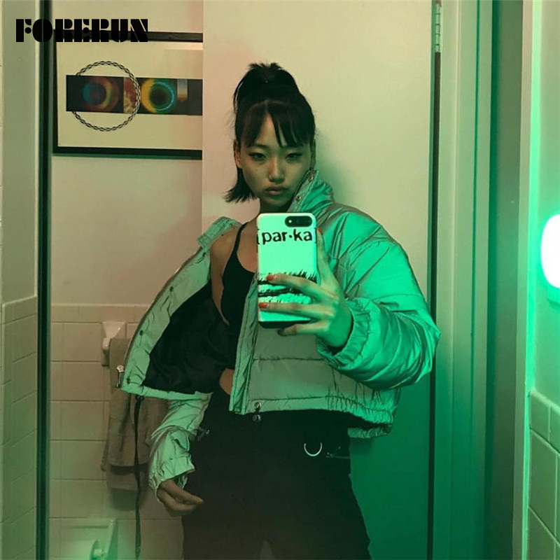 FORERUN Winter Reflective Jacket Women Puffer Coat Stand Collar Bubble Jackets Silver Casual Parka Thicken Manteau Femme Hiver T200114