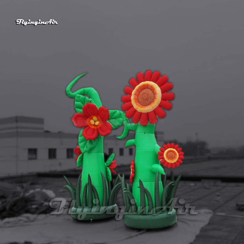 Theme Park Decorative Inflatable Flowers 3m Simulation Plants Red Blow Up Sunflower Balloon For Stage Decoration