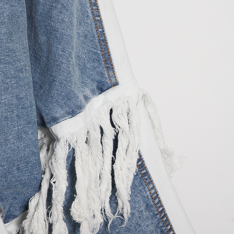 EWQ Female Fashion Clothing Autumn Patchwork Tassel Denim Jacket For Women Lapel Long Sleeve Streetwear Coat 201017