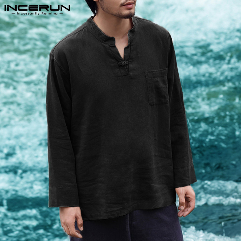 INCERUN 2019 Mens Shirt Retro Long Sleeve V-neck Cotton Linen Men Tops Autumn Plus Size Chinese Style Loose Casual Shirts Camisa T200319