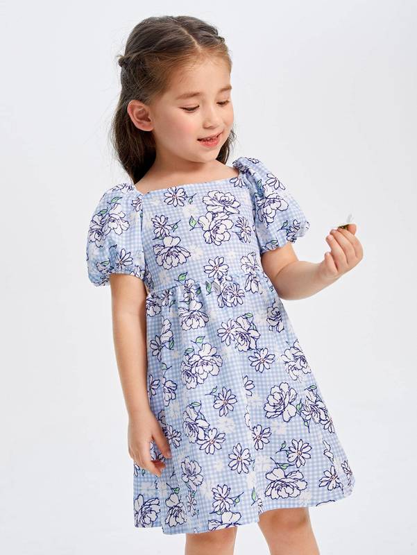 Toddler Girls Floral Print Puff Sleeve A-line Dress SHE