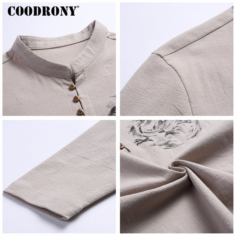 COODRONY Chinese Style Mandarin Collar T-Shirt Men Long Sleeve Cotton T Shirt Men Clothes Linen Tee Shirt Homme Tshirt T006 201202
